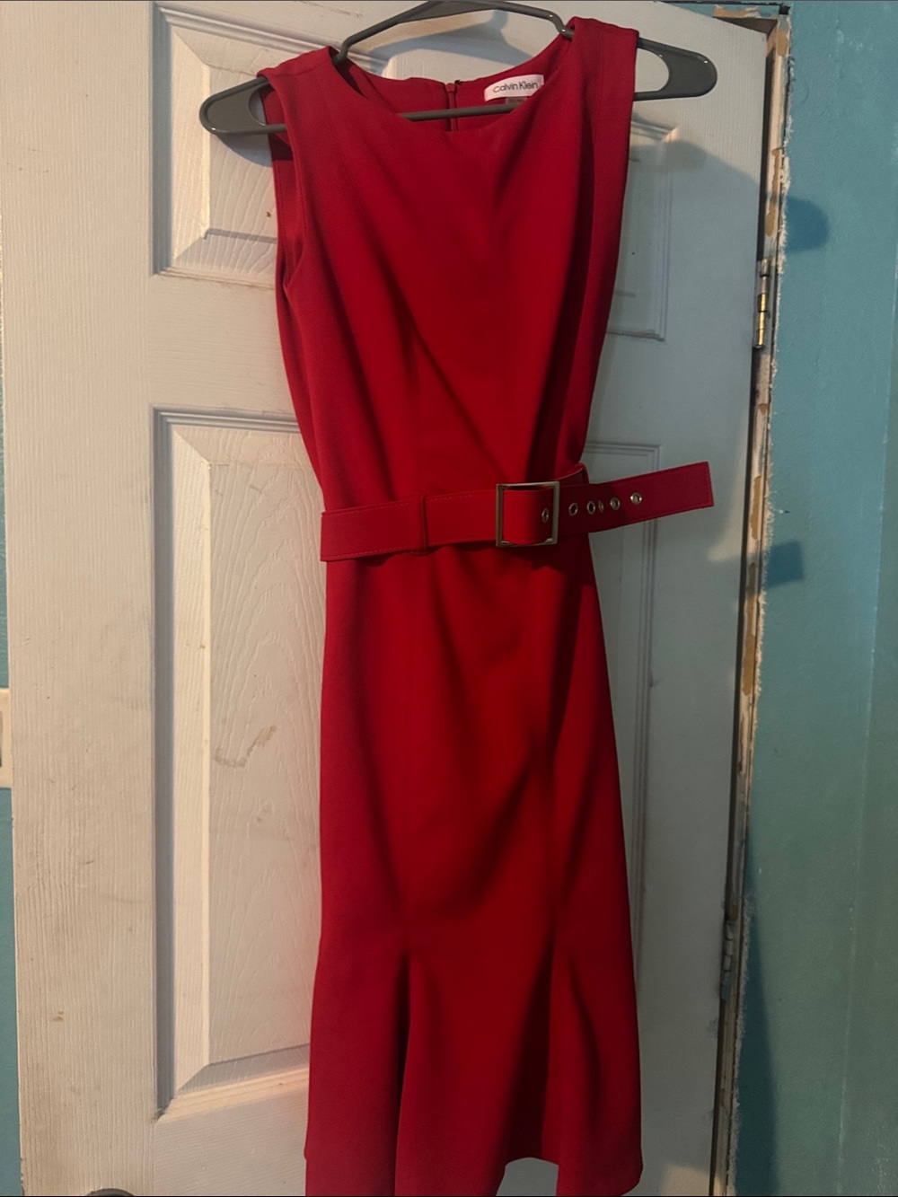 Calvin Klein Red Sleeveless Belted Sheath Dress size 2